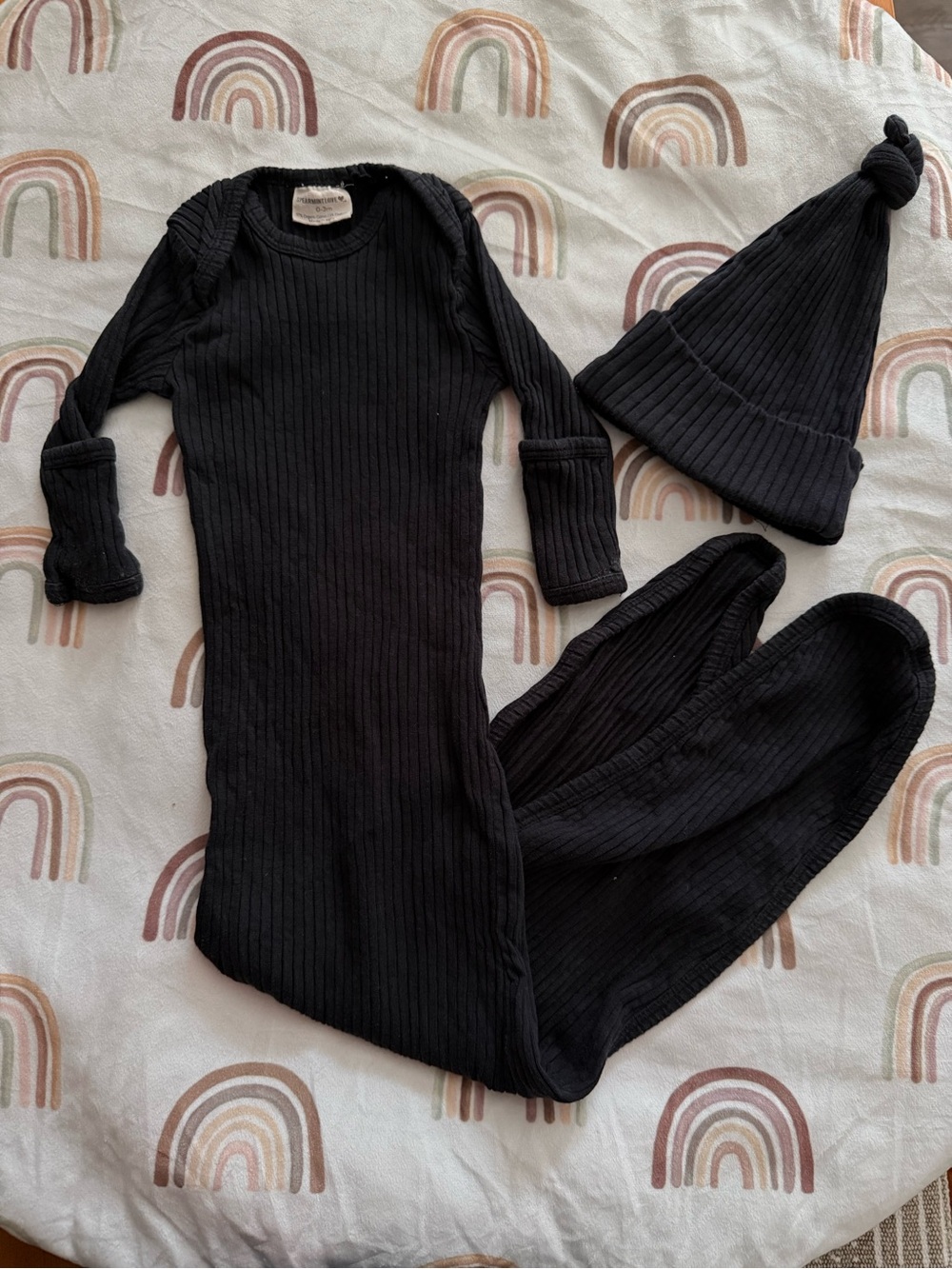 Kids Ribbed Long-Sleeve One-Piece with Knot Hat - Black